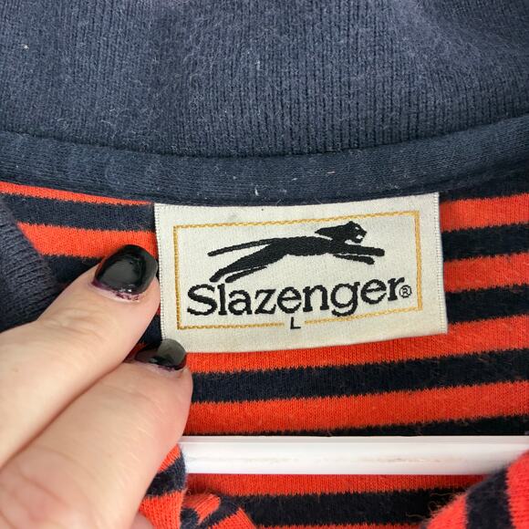 Slazenger Short Sleeve Polo Shirt Mens Large Orange Navy Blue Stripe Golf Casual - Picture 6 of 10